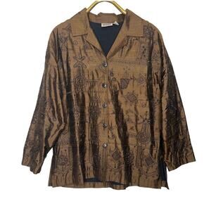 Chicos Size Large Metallic Brown Silk Shantung Jacket Beaded Embroidered Brocade